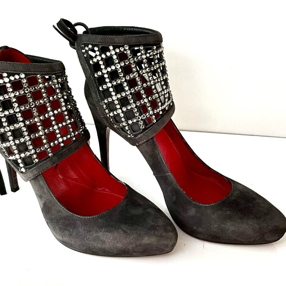 Cesare Paciotti Suede Heels 38.5 Anthracite Removable Crystal Cuff
